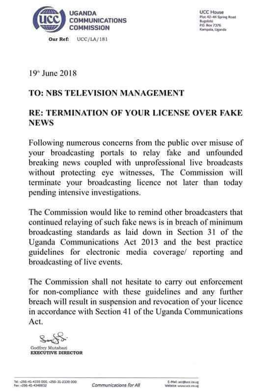 UCC closes NBS TV over what it refers to as fake news