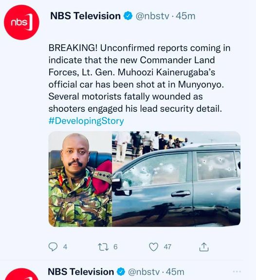 Was Lt.Gen. Kainerugaba’s official car shot at?